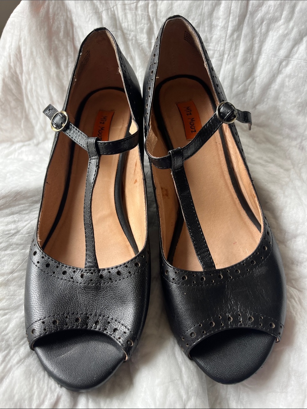 Miz Mooz Black T-Strap Peep Toe Heels
